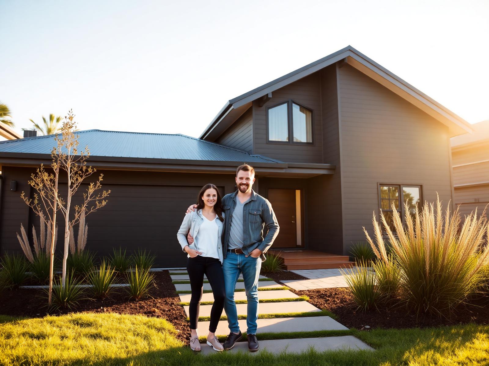 Young Australian couple outside their brand-new home